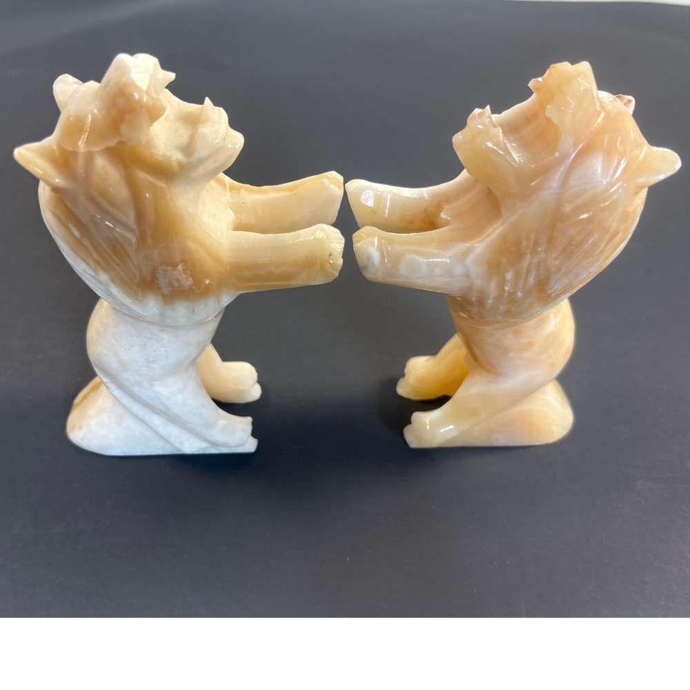 Vintage Mexican Onyx Lion Bookends Hand Carved Stone Animal Figurines Pair 6in